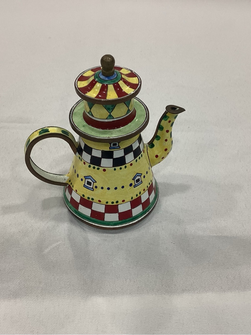 Hand-Painted Yellow Ceramic Teapot Accent with Multicolor Pattern